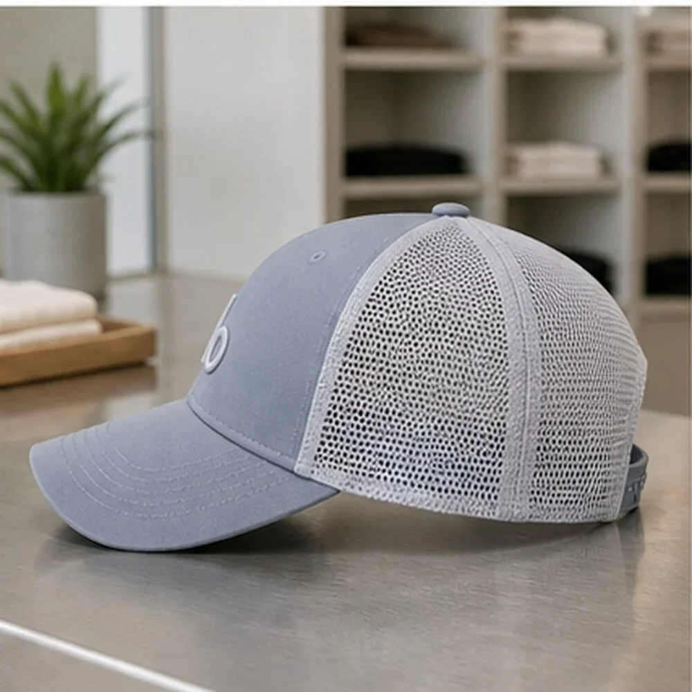 ALO Yoga Mist Blue Gray Running Mesh Trucker Cap Hat NWT